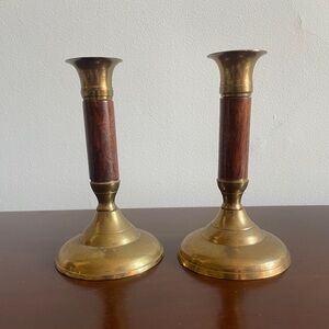 SOLD Vintage Pair MCM Candle Holders Brass & Teak